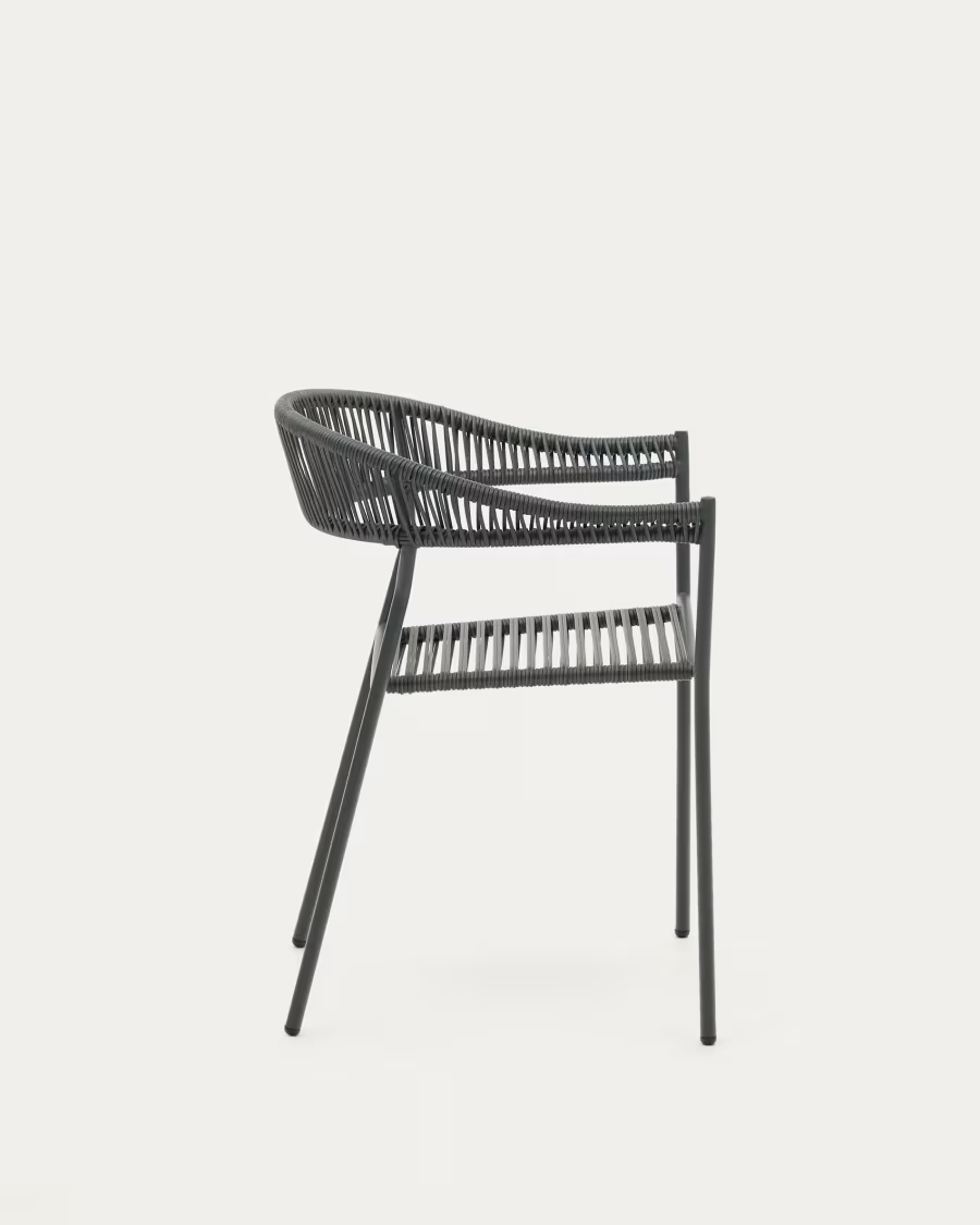Kave Home Futadera stackable outdoor chair in gray synthetic cord, painted steel