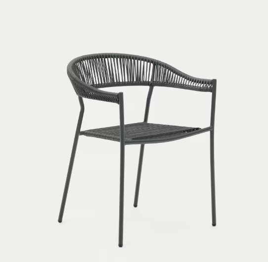 Kave Home Futadera stackable outdoor chair in gray synthetic cord, painted steel