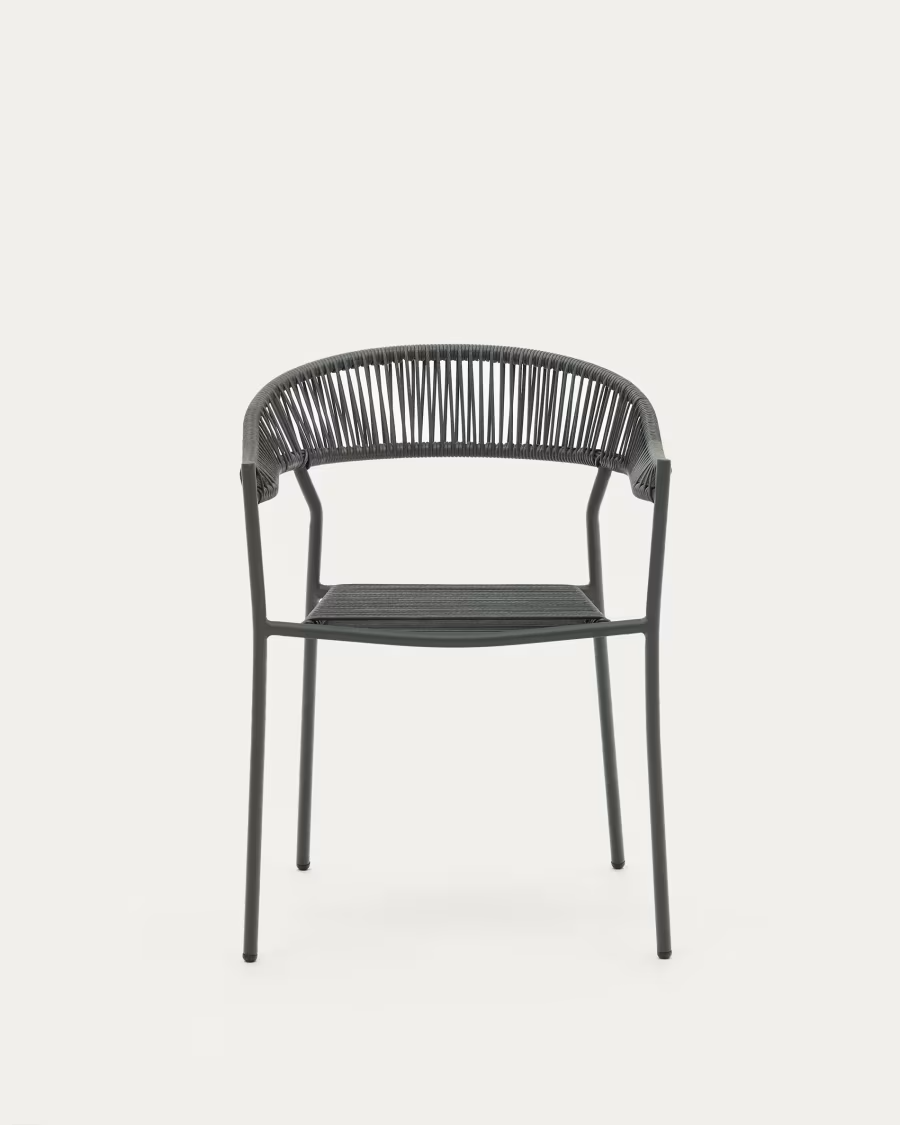 Kave Home Futadera stackable outdoor chair in gray synthetic cord, painted steel