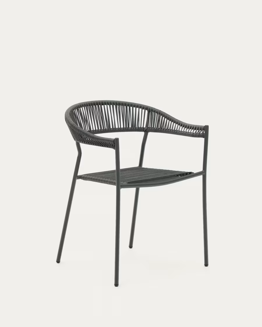 Kave Home Futadera stackable outdoor chair in gray synthetic cord, painted steel