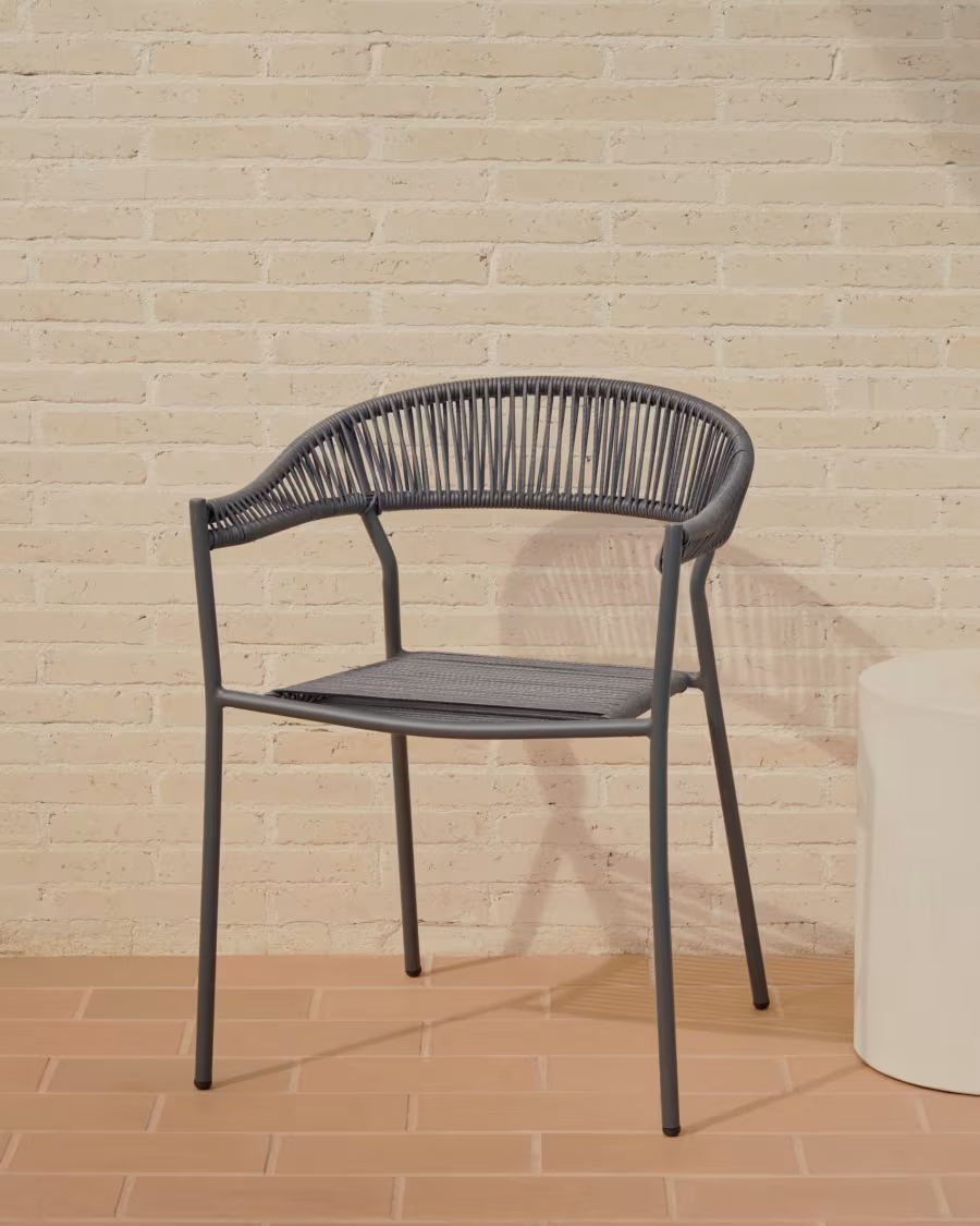 Kave Home Futadera stackable outdoor chair in gray synthetic cord, painted steel