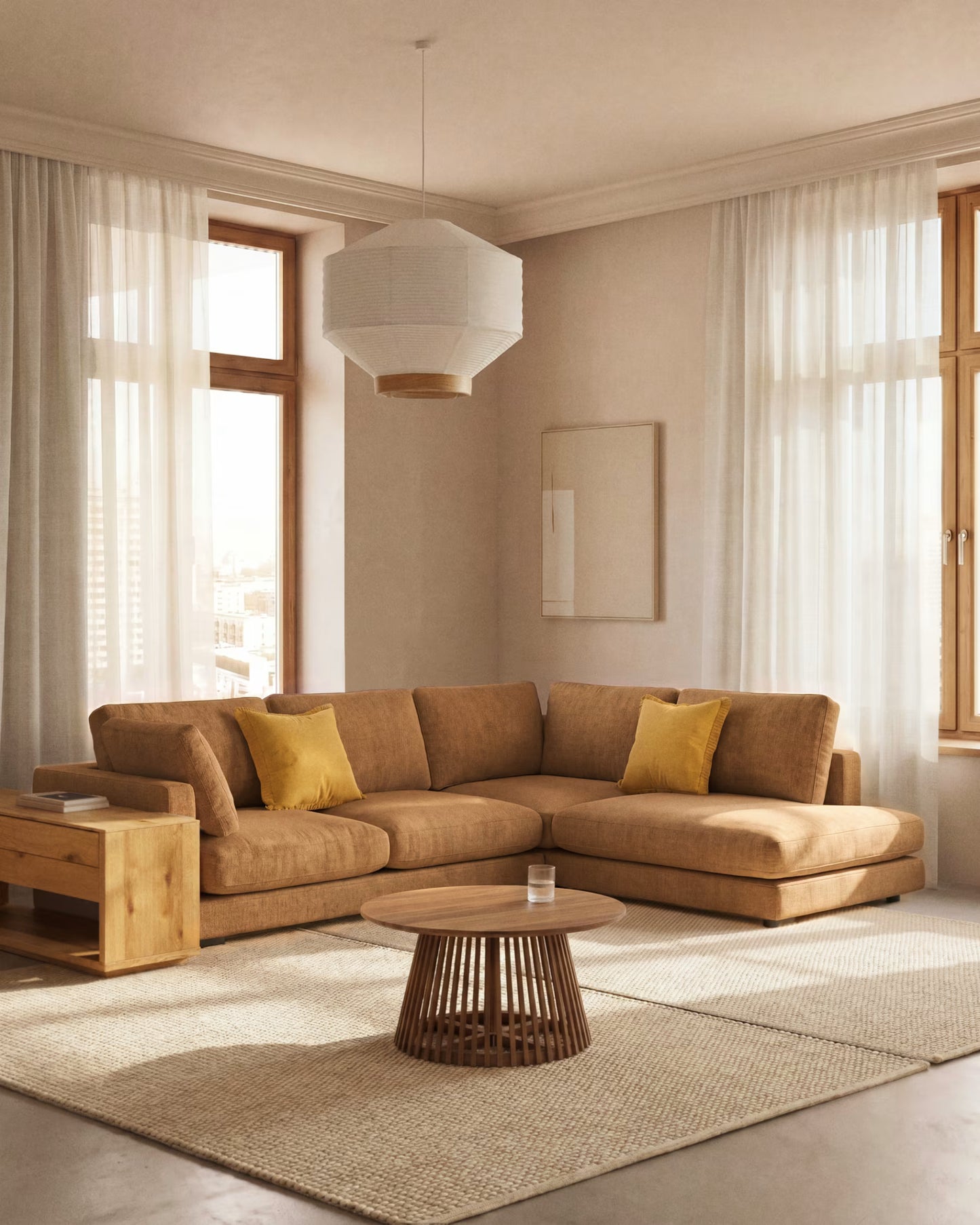 Kave Home Hila Ceiling Lamp Screen in White Paper with Natural Wood Veneer Ø 80 cm