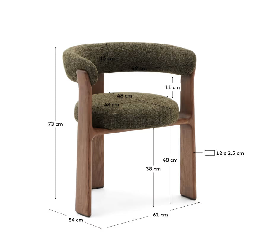 Kave Home Granite Fire-Retardant Chair (3 legs) in Green Chenille and Solid Ash Wood with Walnut-Coloured Finish FSC 100%