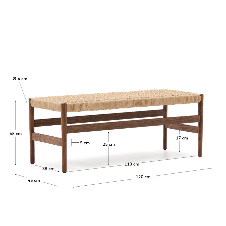 Kave Home Zaide Bench in Solid Oak Wood with Walnut Finish and Rope Seat, 120 cm, FSC Mix Credit