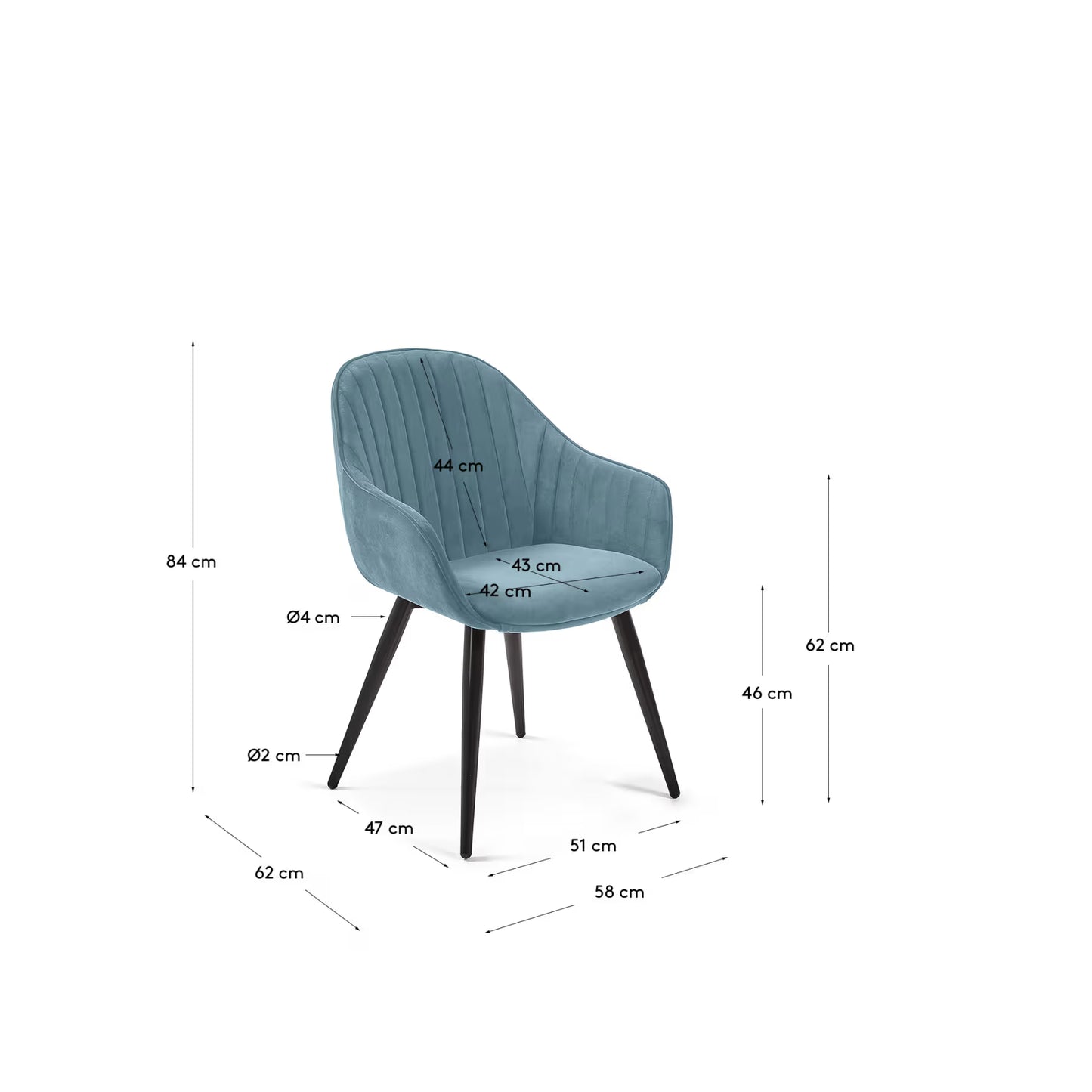 Kave Home Fabia Velvet Chair in Turquoise with Steel Legs in a Black Finish FR