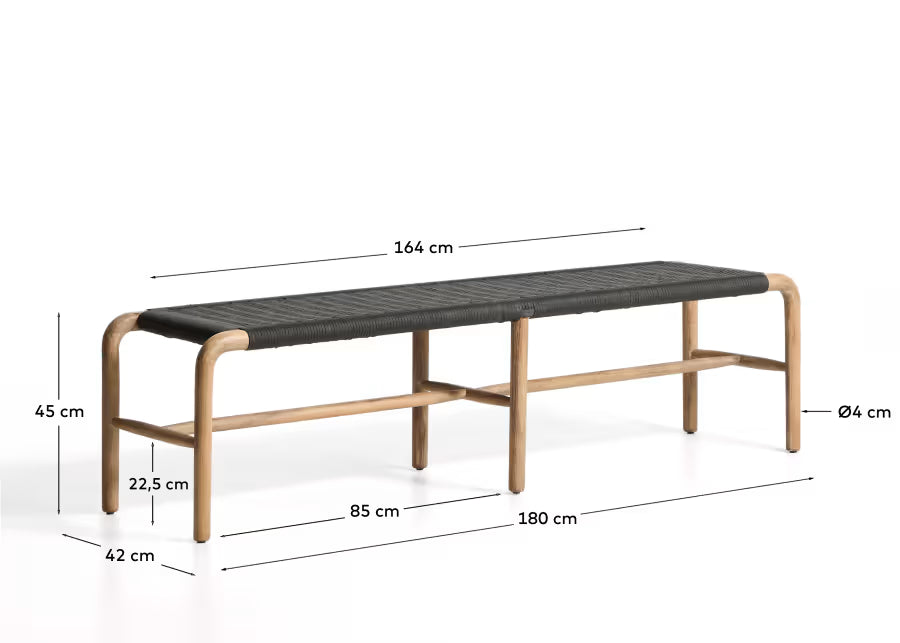 Kave Home Alipa Bench in FSC 100% Solid Acacia Wood and Dark Grey Rope Cord 180 cm