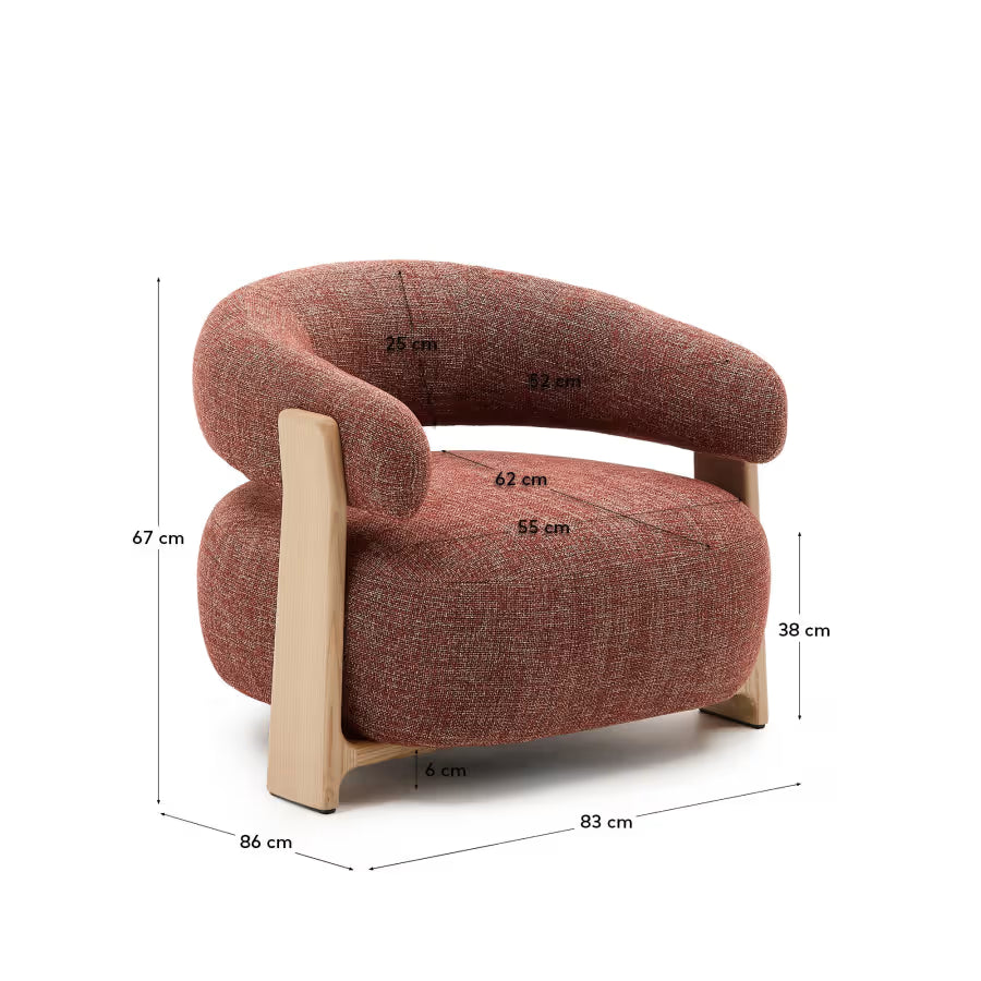 Kave Home Granite Fire-Retardant Armchair in Terracotta Chenille and Solid Ash Wood with Natural-Coloured Finish FSC 100%