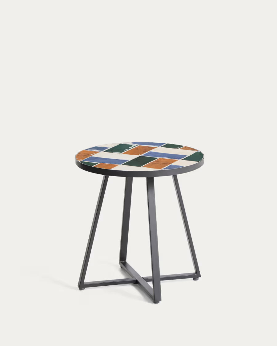 Kave Home Tella Round Side Table in Graphite Galvanised Steel with Multicoloured Tiles Ø45 cm