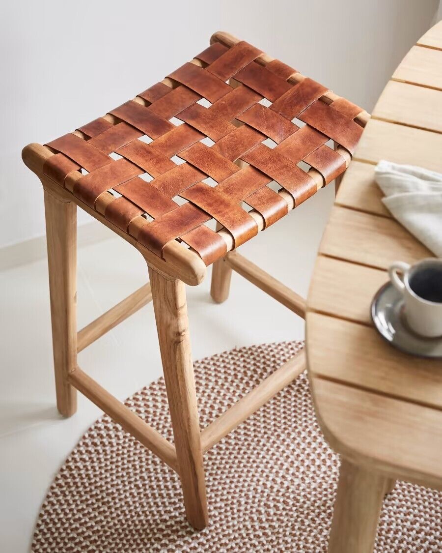 Kave Home Calixta 67 cm High Stool - Teak & Hand-braided Leather - Unstable