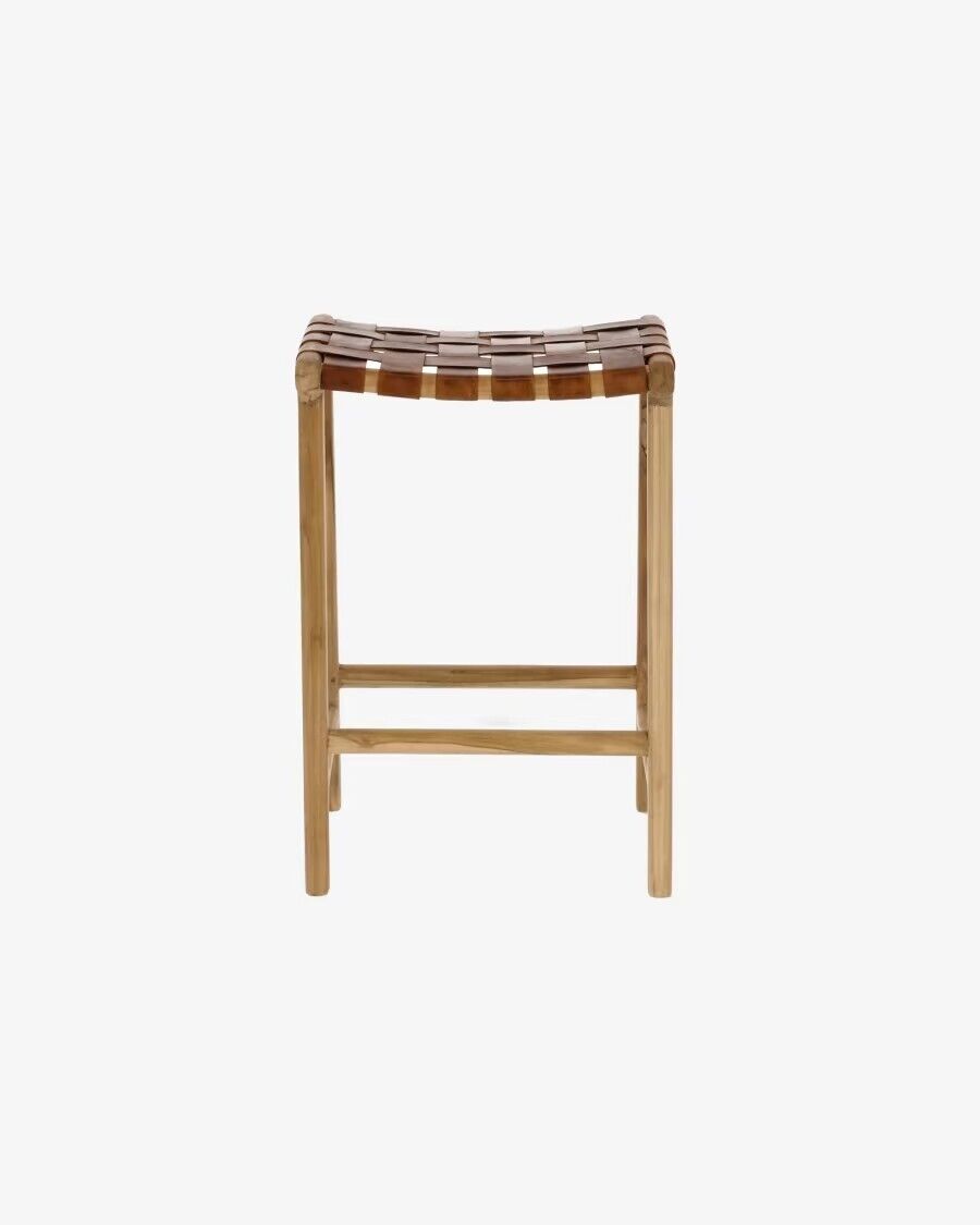Kave Home Calixta 67 cm High Stool - Teak & Hand-braided Leather - Unstable