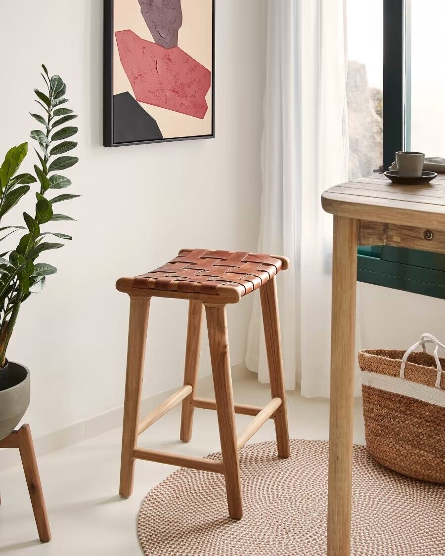 Kave Home Calixta 67 cm High Stool - Teak & Hand-braided Leather - Unstable