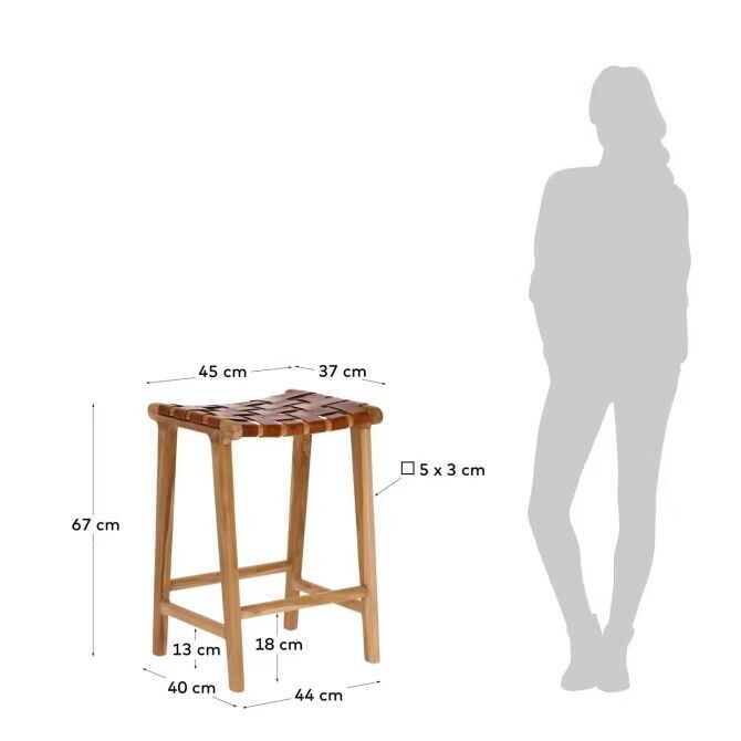 Kave Home Calixta 67 cm High Stool - Teak & Hand-braided Leather - Unstable
