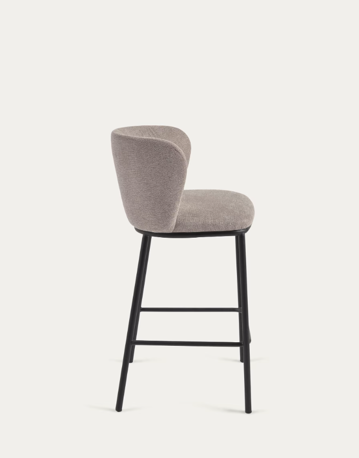 Kave Home Ciselia stool in brown chenille with steel legs in black finish, 65 cm