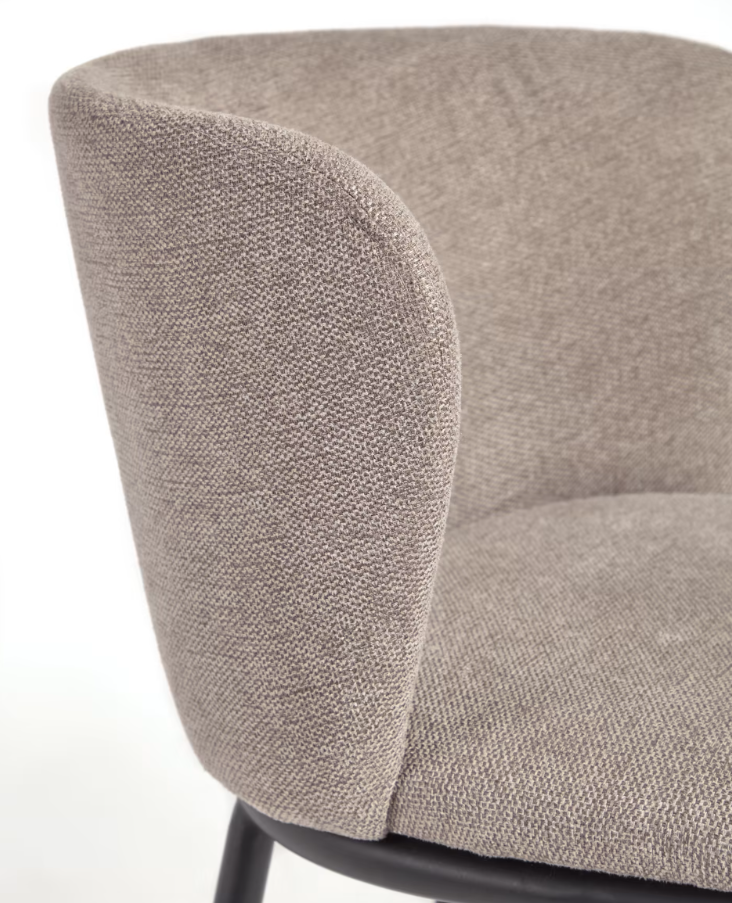 Kave Home Ciselia stool in brown chenille with steel legs in black finish, 65 cm