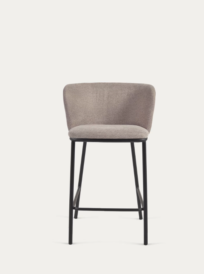 Kave Home Ciselia stool in brown chenille with steel legs in black finish, 65 cm