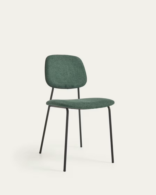 Kave Home Benilda dark green stackable chair with oak veneer and steel with blac