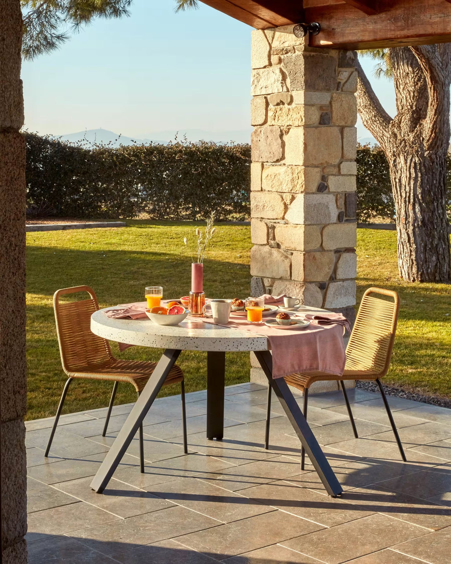 Kave Home Lambton Stackable Chair in Brown Rope and Steel with Black Finish