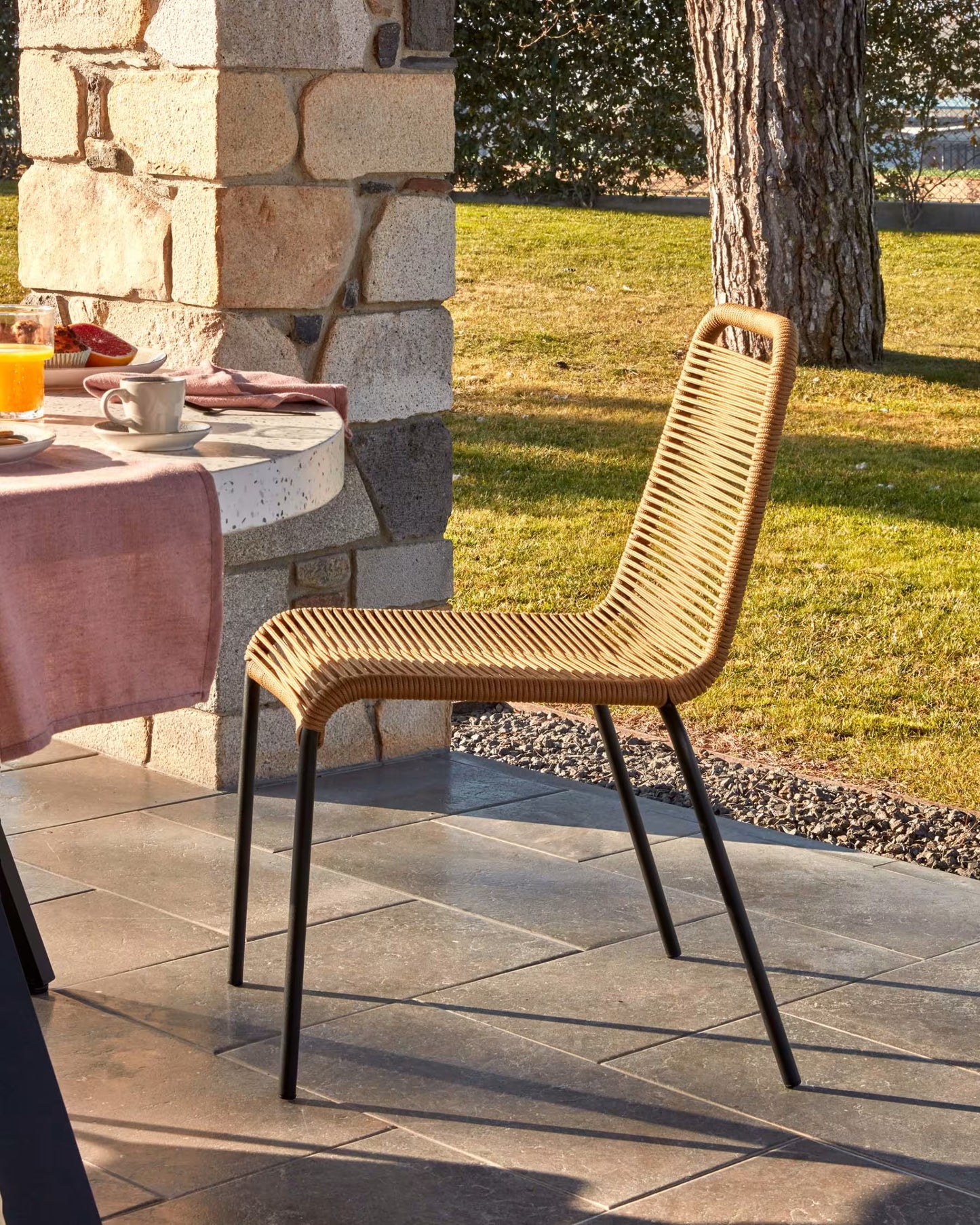 Kave Home Lambton Stackable Chair in Brown Rope and Steel with Black Finish