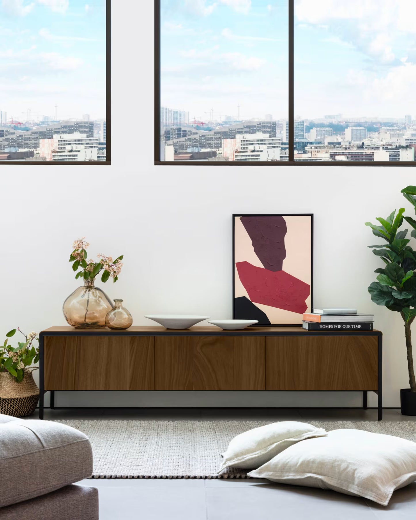 Kave Home Nadyria Walnut Wood Veneer 3 Door TV Stand with Black Finish Steel, 180 x 50 cm
