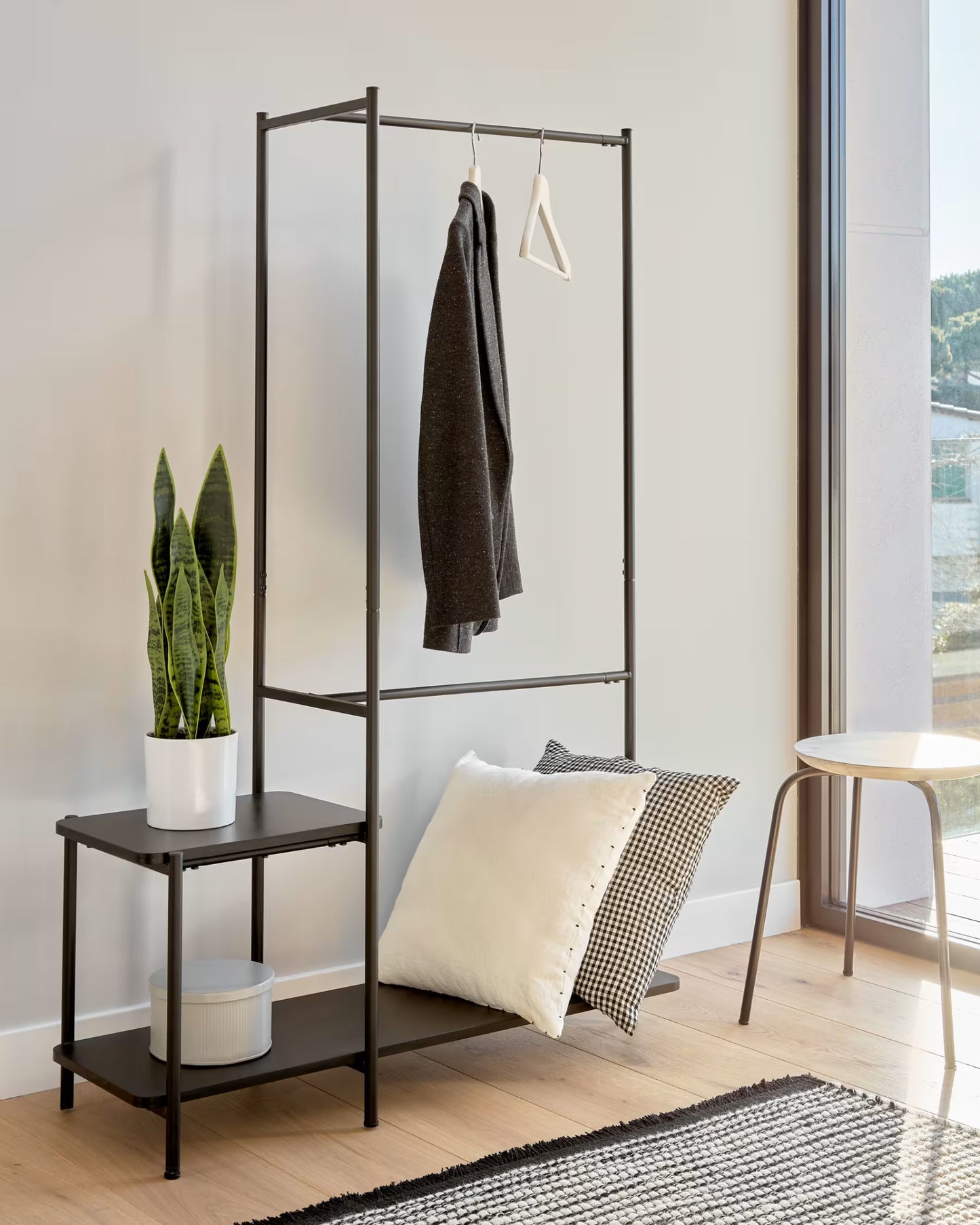 Kave Home Galatia Melamine and Metal Clothes Rail with Bench in Black Finish 100 x 150 cm