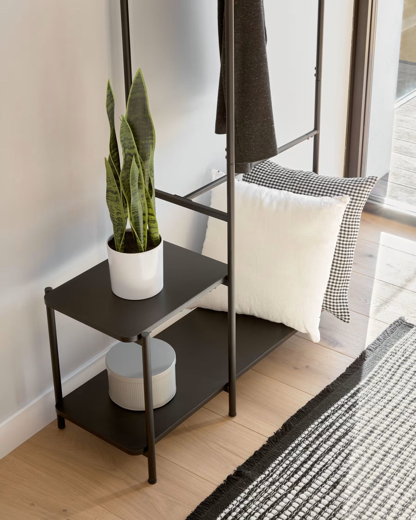 Kave Home Galatia Melamine and Metal Clothes Rail with Bench in Black Finish 100 x 150 cm