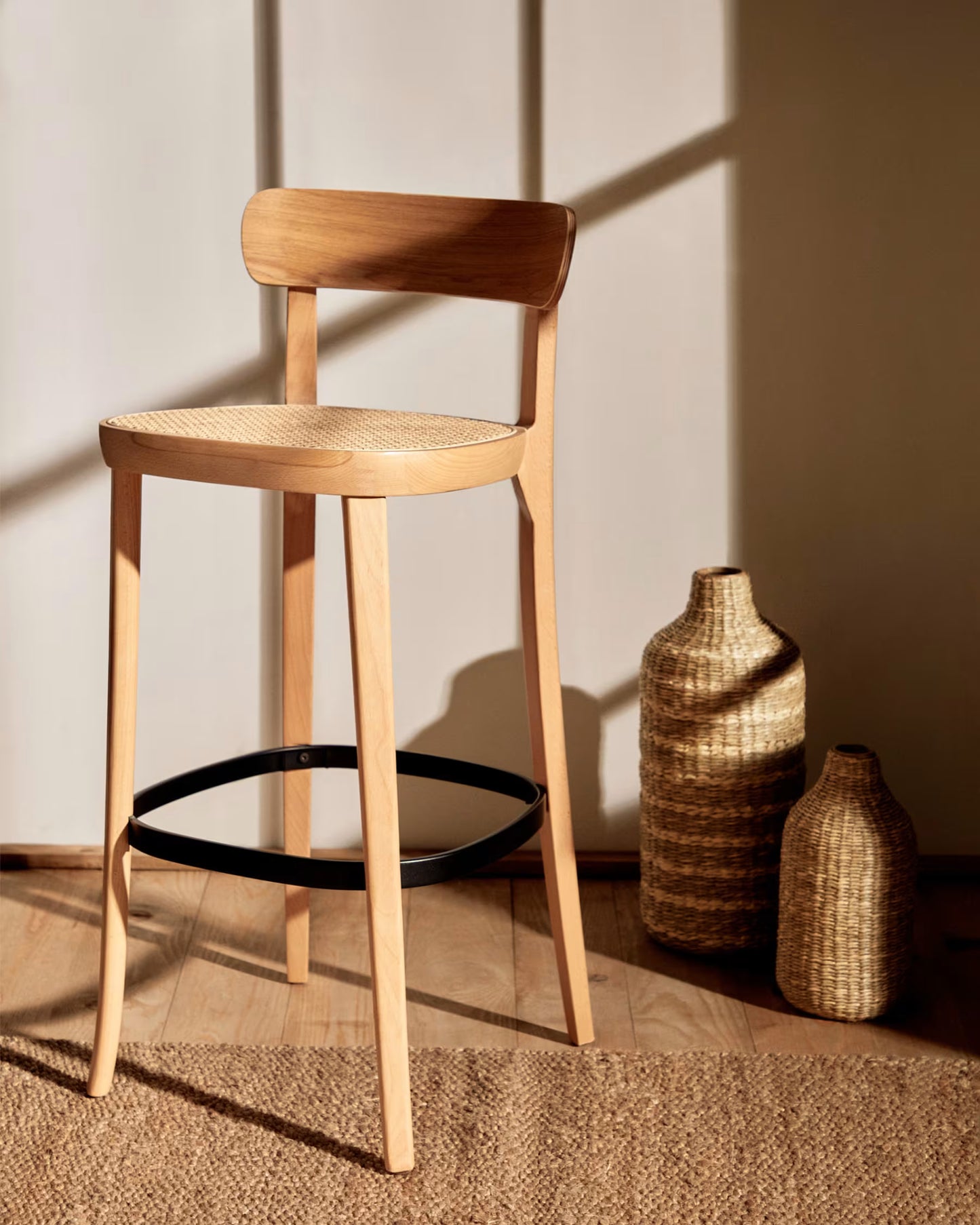Kave Home Romane Stool Beechwood Stool with a Natural Finish, Ash Wood Veneer and Ratan seat 75 cm
