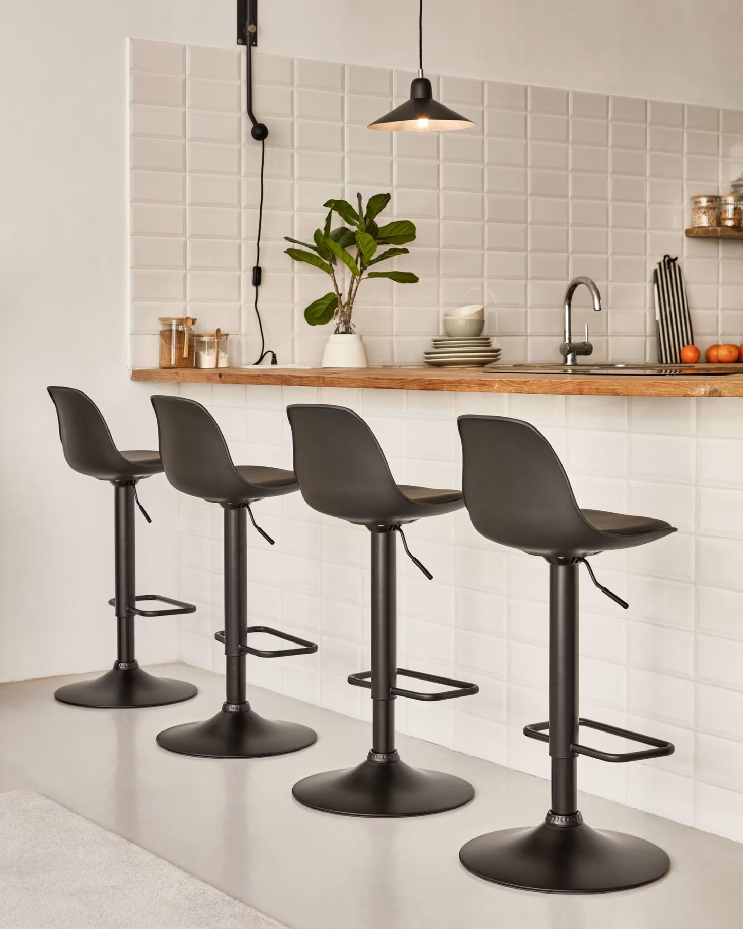Kave Home Orlando-T Barstool - Black Polyurethane and Matt Black Steel 60-82 cm