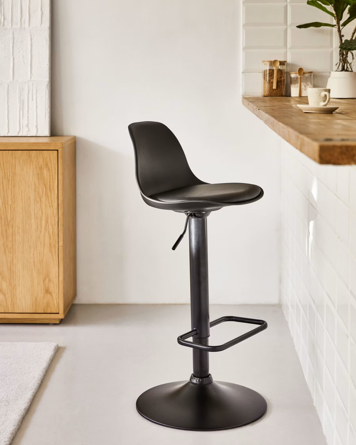 Kave Home Orlando-T Barstool - Black Polyurethane and Matt Black Steel 60-82 cm