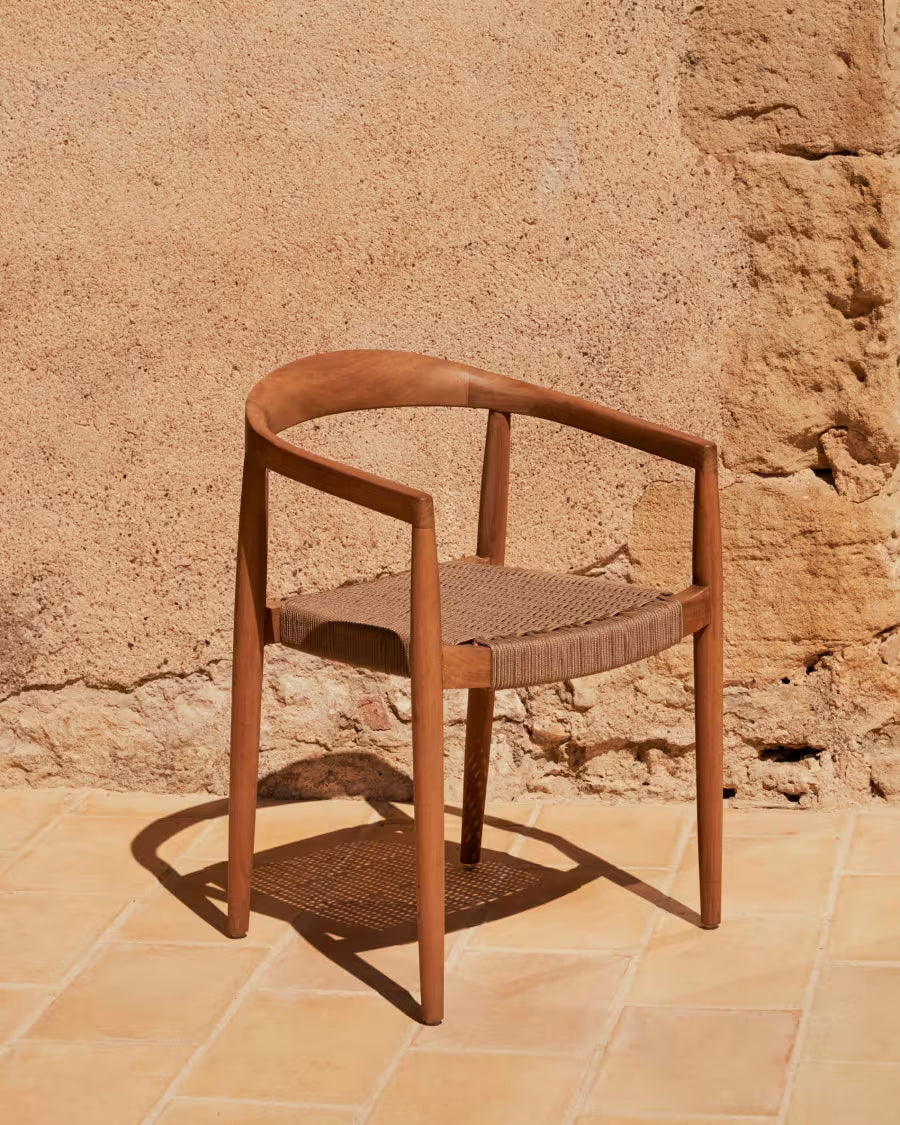 Kave Home Ydalia Stackable Outdoor Chair in Solid Teak Wood with Natural Finish and Beige Rope