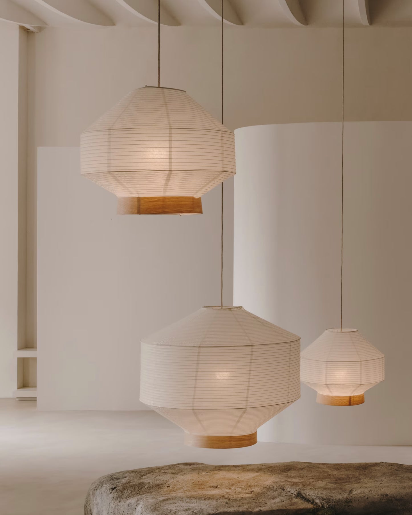 Kave Home Hila Ceiling Lamp Screen in White Paper with Natural Wood Veneer Ø 80 cm