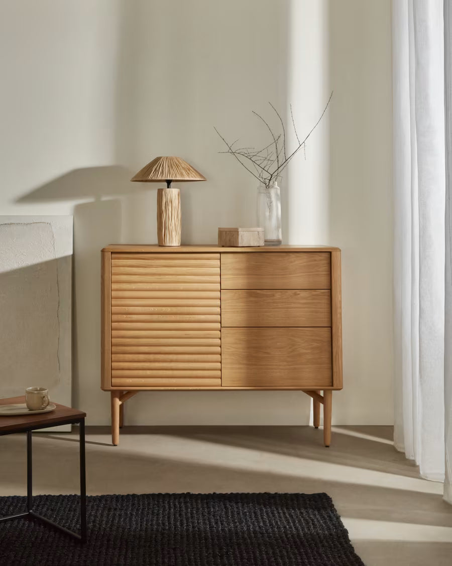 Kave Home Lenon Sideboard with 1 Door and 3 Drawers, Made from Oak Wood and Veneer, 105 x 85 cm FSC MIX Credit