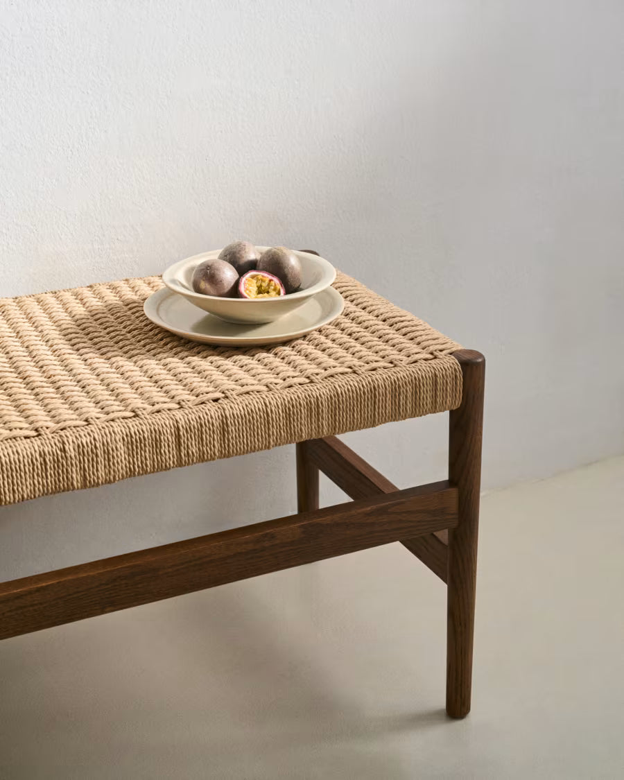 Kave Home Zaide Bench in Solid Oak Wood with Walnut Finish and Rope Seat, 120 cm, FSC Mix Credit