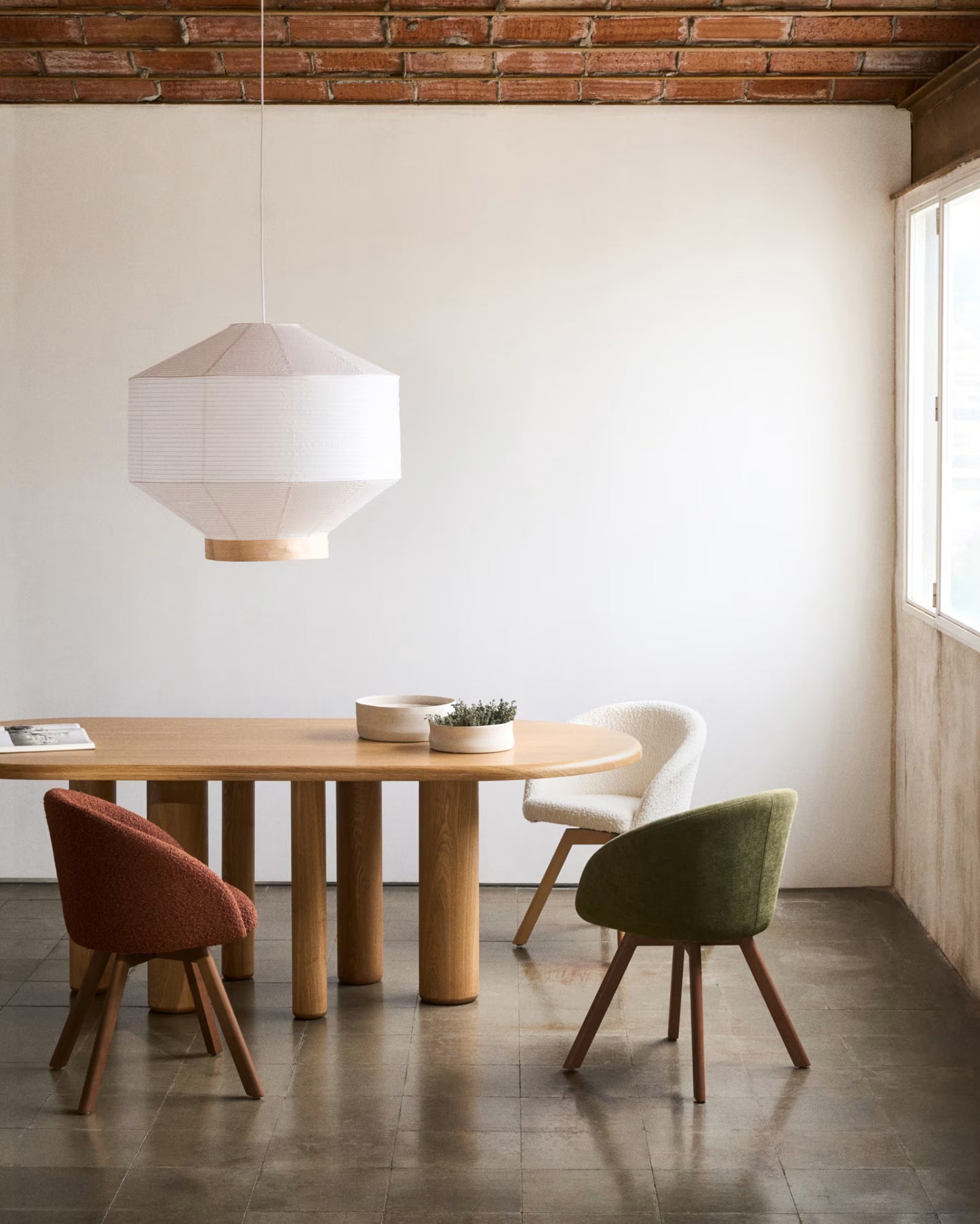 Kave Home Hila Ceiling Lamp Screen in White Paper with Natural Wood Veneer Ø 80 cm