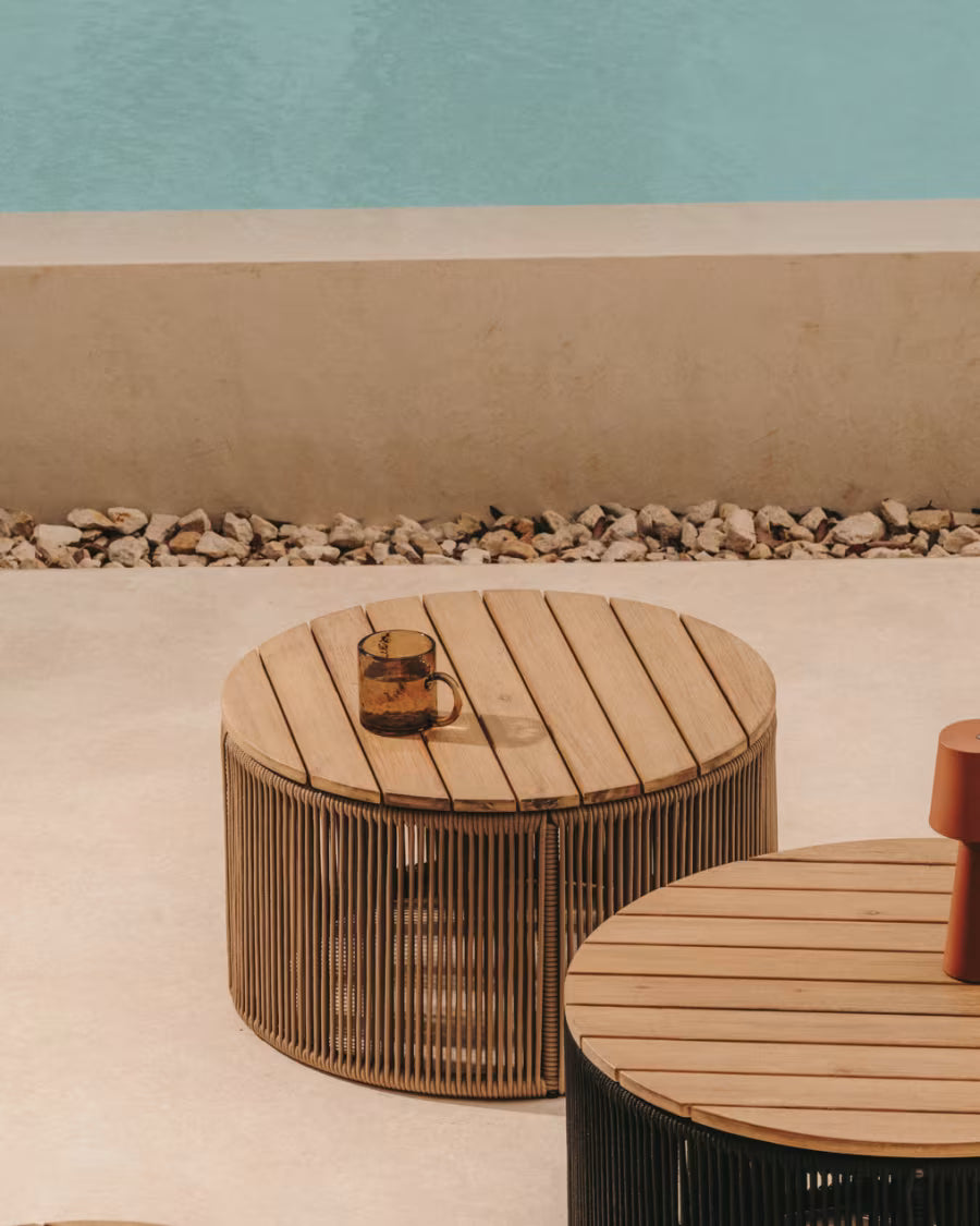 Kave Home Dandara Coffee Table Made of Steel, Beige Cord and Solid Acacia Wood, Ø60 cm FSC 100%