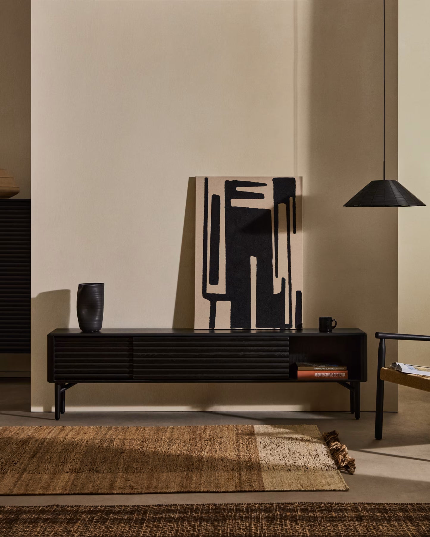Kave Home Lenon TV Cabinet, 2 Doors in Solid Wood and Black Oak Veneer 200x57 cm FSC Mix Credit
