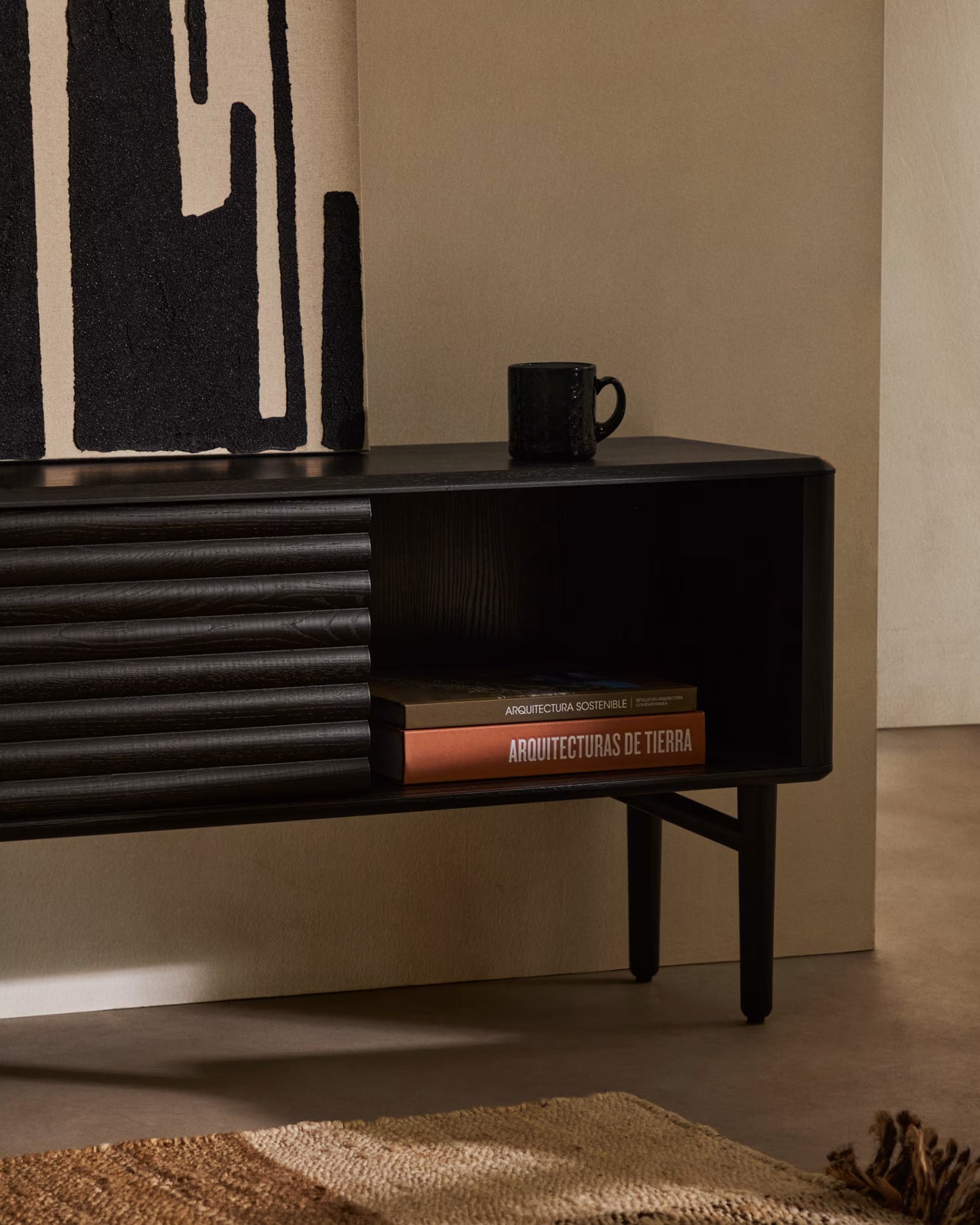 Kave Home Lenon TV Cabinet, 2 Doors in Solid Wood and Black Oak Veneer 200x57 cm FSC Mix Credit