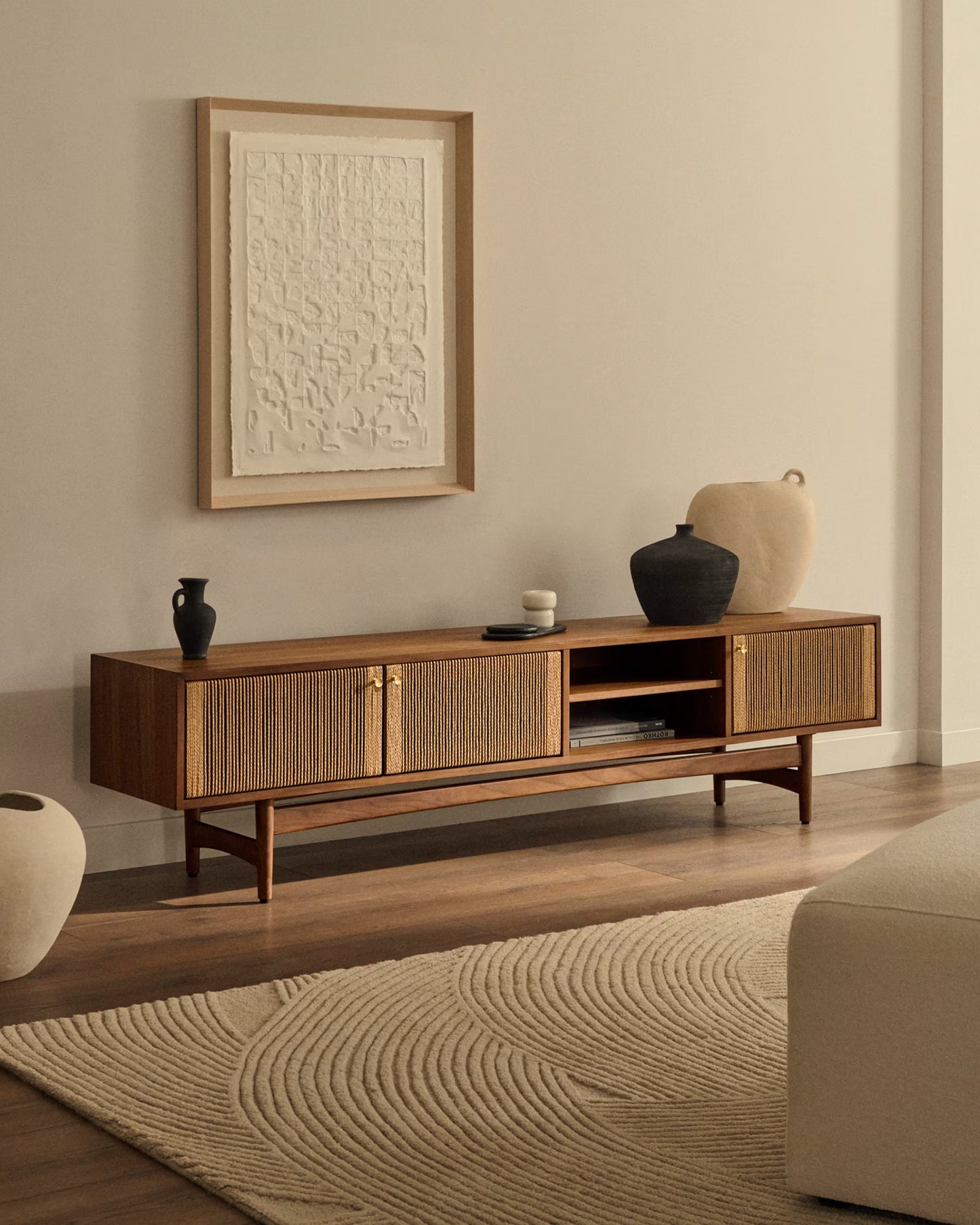 Kave Home Elan TV Cabinet 3 Doors Veneer and Solid Walnut and Cord 200 x 50 cm FSC Mix Credit