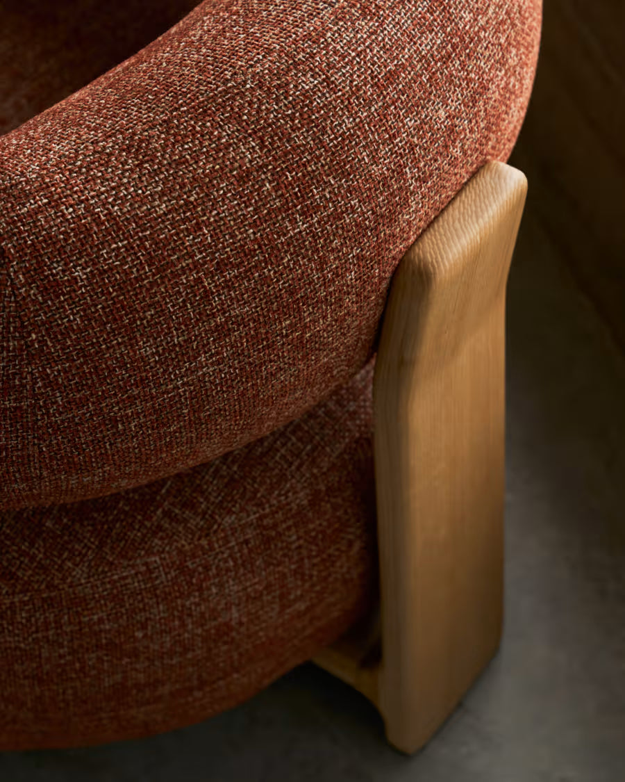 Kave Home Granite Fire-Retardant Armchair in Terracotta Chenille and Solid Ash Wood with Natural-Coloured Finish FSC 100%