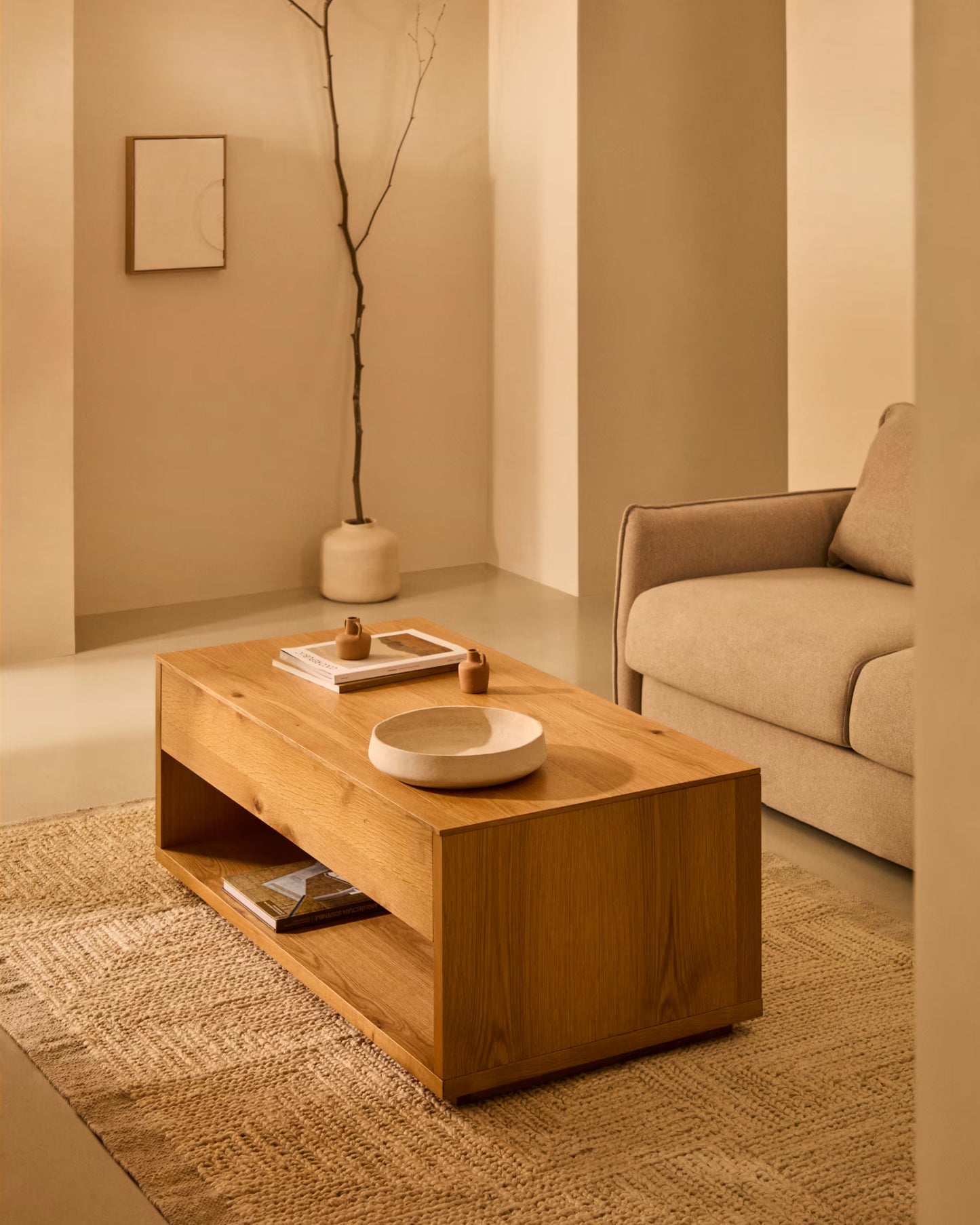 Kave Home Alguema Raisable Coffee Table in Oak Veneer with Natural Finish 120 x 60 cm