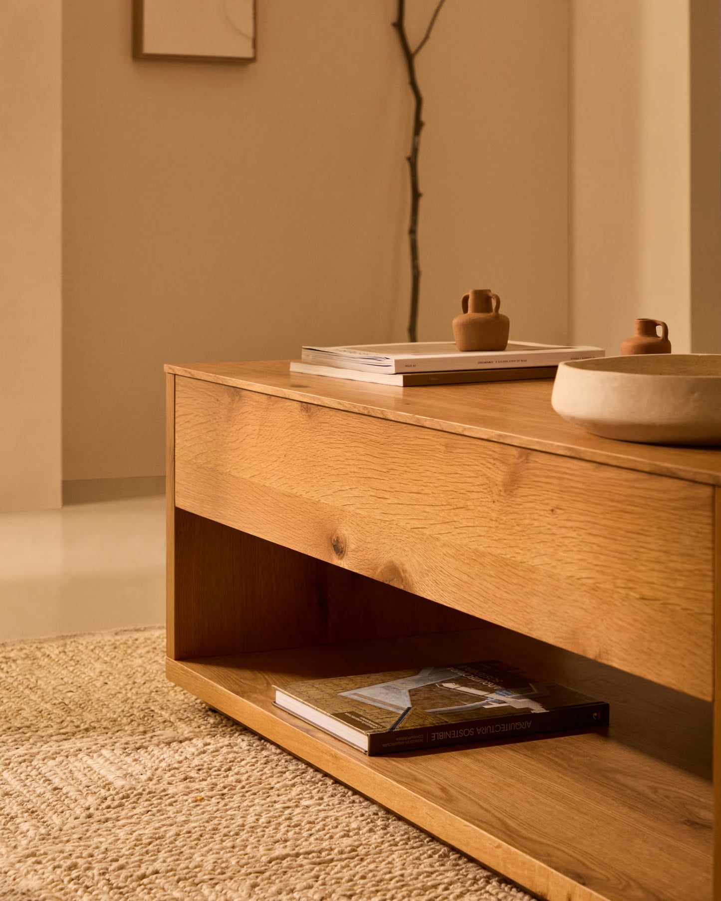Kave Home Alguema Raisable Coffee Table in Oak Veneer with Natural Finish 120 x 60 cm