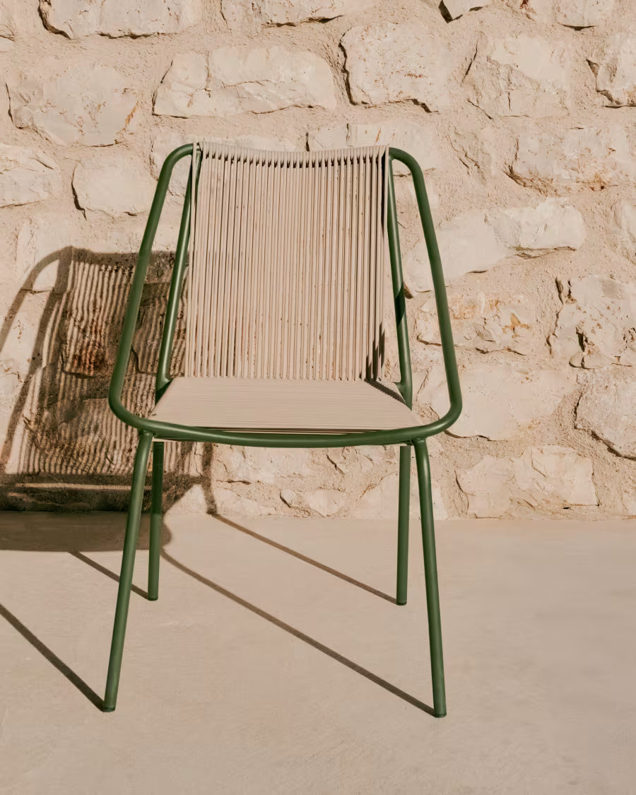 Kave Home Zivia Stackable Outdoor Chair in Ecru Rope Cord and Green Galvanised Steel