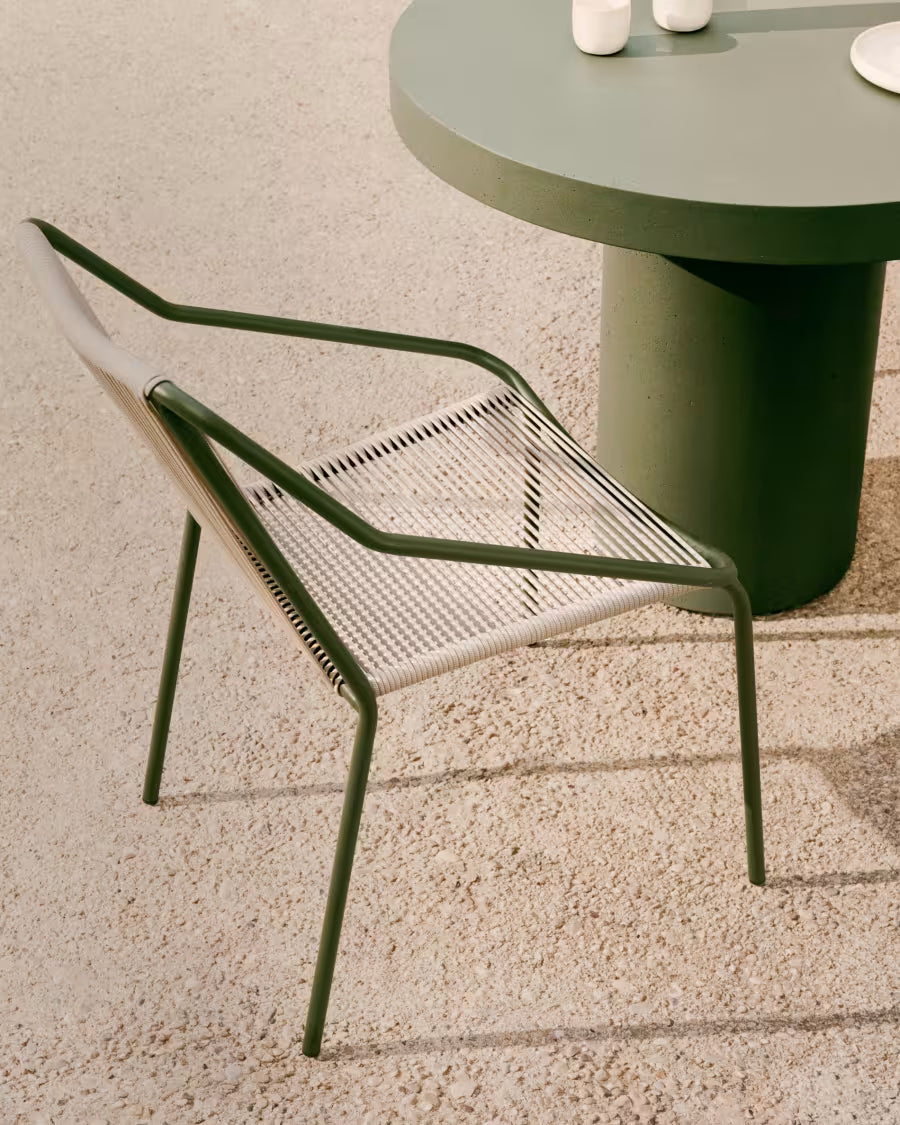 Kave Home Zivia Stackable Outdoor Chair in Ecru Rope Cord and Green Galvanised Steel