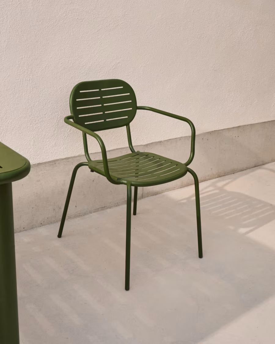 Kave Home Brai Stackable Outdoor Chair with Armrests in Green Galvanised Steel