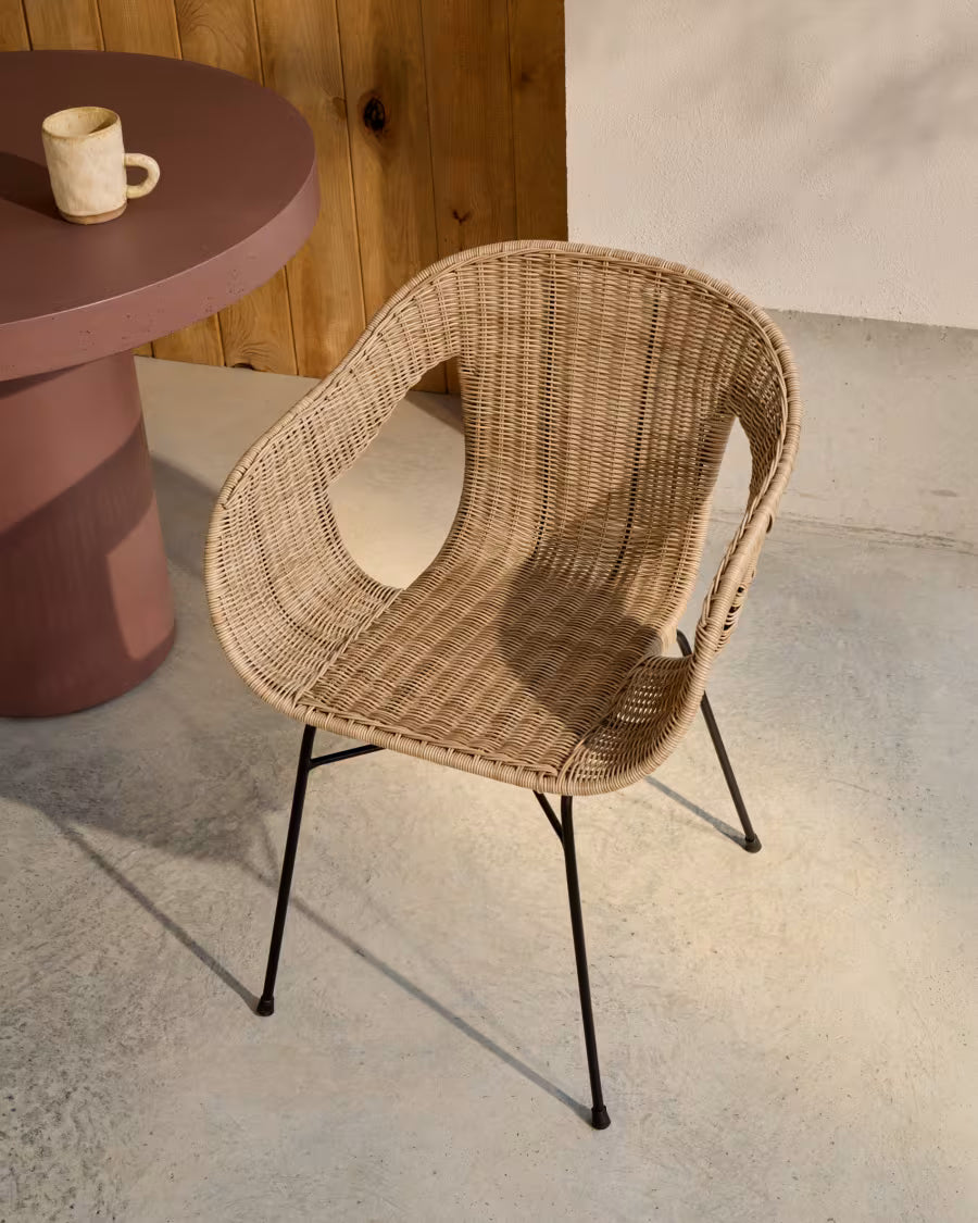 Kave Home Eltiera Stackable Chair in Synthetic Rattan with Black Steel Frame