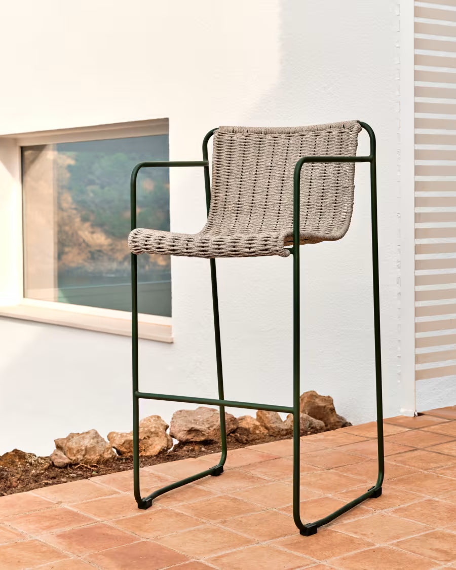 Kave Home Maurina Stool in Green Galvanised Steel and Ecru and Grey Rope Cord 64,5cm