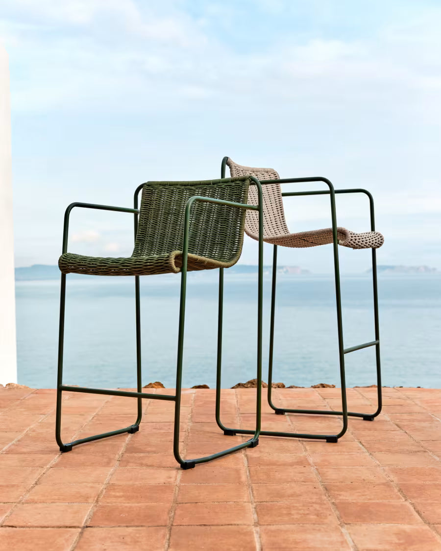 Kave Home Maurina Stool in Green Galvanised Steel and Ecru and Grey Rope Cord 64,5cm