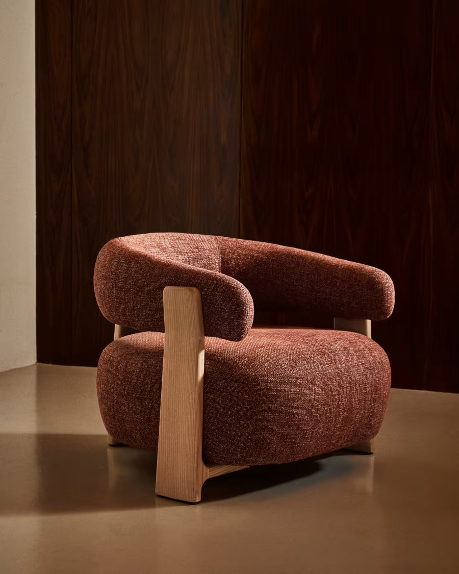 Kave Home Granite Fire-Retardant Armchair in Terracotta Chenille and Solid Ash Wood with Natural-Coloured Finish FSC 100%