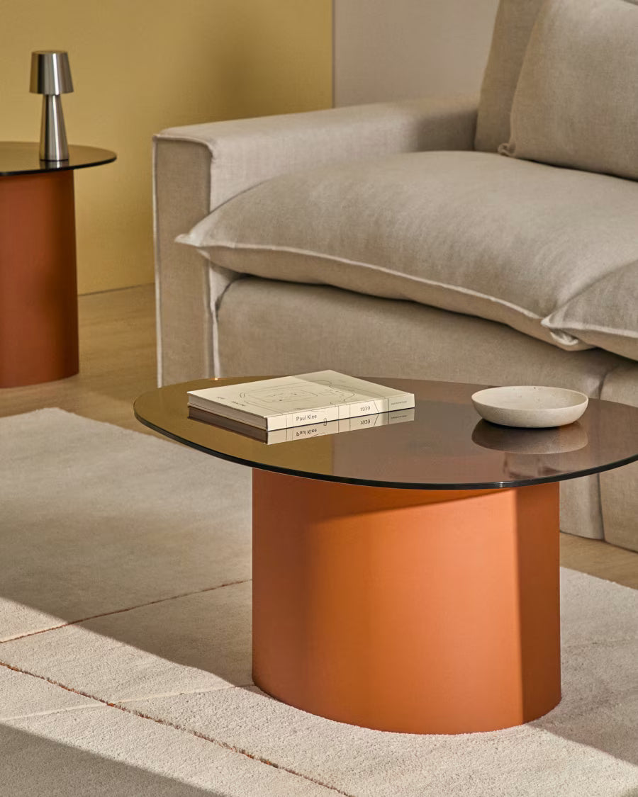 Kave Home Olir Coffee Table in Tempered Glass and Brown Steel 82 x 74 cm