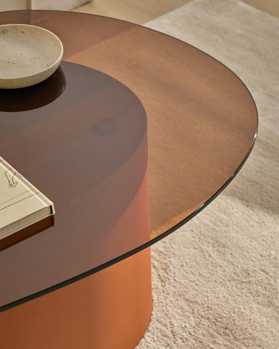 Kave Home Olir Coffee Table in Tempered Glass and Brown Steel 82 x 74 cm