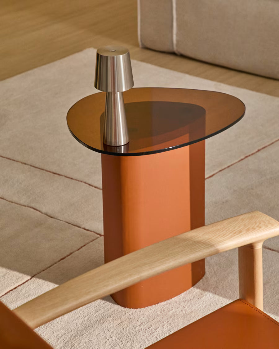 Kave Home Olir Side Table in Tempered Glass and Brown Steel 48 x 46,8 cm